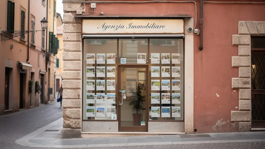Vetrina di agenzia immobiliare in centro storico italiano con annunci esposti