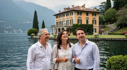 Coppia matura in conversazione con agente immobiliare davanti a villa sul Lago di Como