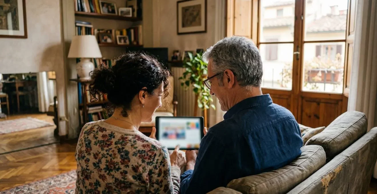 Una coppia seduta sul divano di un luminoso appartamento italiano consulta insieme un tablet