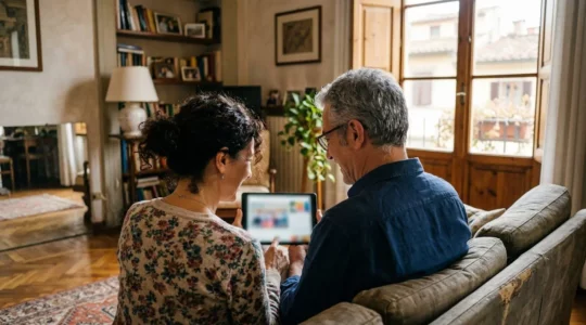 Una coppia seduta sul divano di un luminoso appartamento italiano consulta insieme un tablet