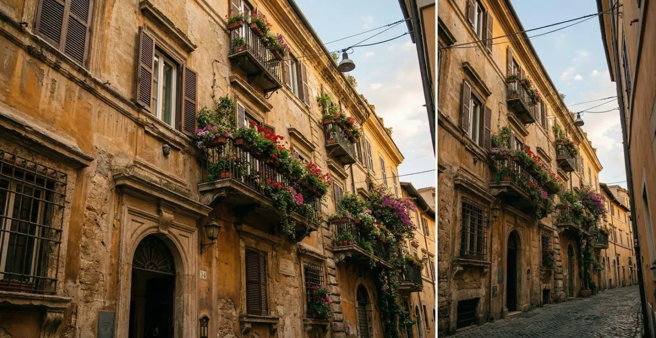 Facciata di un palazzo residenziale italiano con balconi fioriti vista dal basso in un quartiere storico